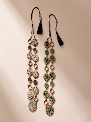Reversible 2-In-1 Blue Green Repurposed Fabric and Wood Necklace