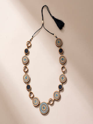 Reversible 2-In-1 Blue Green Repurposed Fabric and Wood Necklace