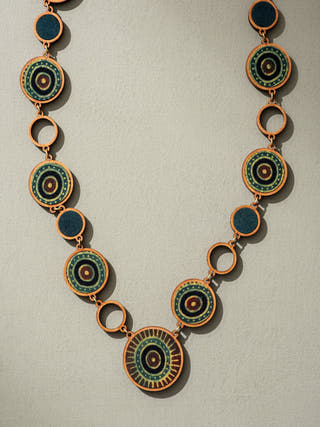 Reversible 2-In-1 Blue Green Repurposed Fabric and Wood Necklace