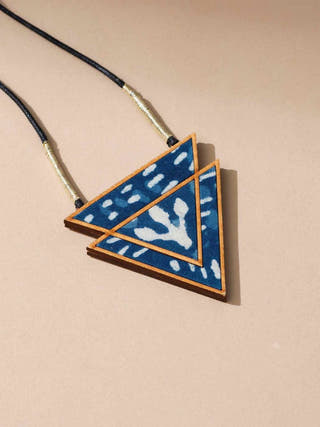 Indigo Repurposed Fabric and Wood Triangular Necklace