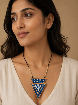 Indigo Repurposed Fabric and Wood Triangular Necklace