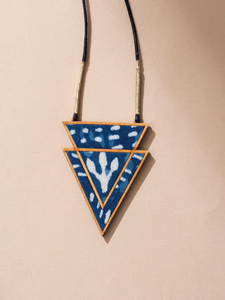 Indigo Repurposed Fabric and Wood Triangular Necklace
