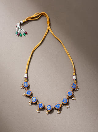 Blue Brocade Festive Repurposed Fabric and Wood Adjustable Necklace