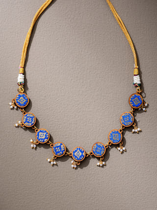 Blue Brocade Festive Repurposed Fabric and Wood Adjustable Necklace