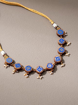 Blue Brocade Festive Repurposed Fabric and Wood Adjustable Necklace