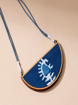 Indigo Repurposed Fabric and Wood Semi Circle Necklace