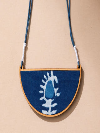 Indigo Repurposed Fabric and Wood Semi Circle Necklace
