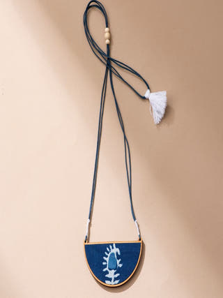 Indigo Repurposed Fabric and Wood Semi Circle Necklace