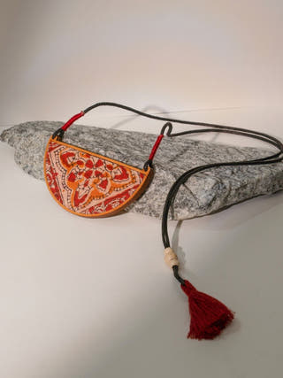 Red Repurposed Kalamkari Fabric and Repurposed Wood Pendant