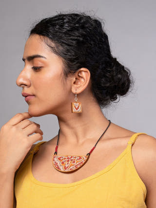 Red Repurposed Kalamkari Fabric and Repurposed Wood Pendant