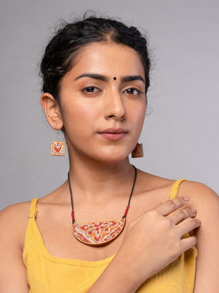 Red Repurposed Kalamkari Fabric and Repurposed Wood Pendant