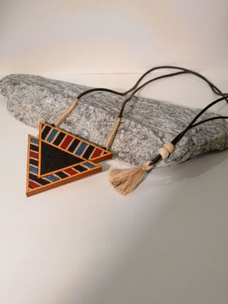Black Ajrakh Repurposed Fabric and Wood Triangular Necklace