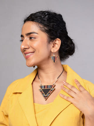 Black Ajrakh Repurposed Fabric and Wood Triangular Necklace