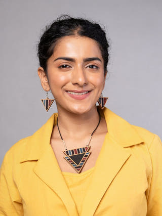 Black Ajrakh Repurposed Fabric and Wood Triangular Necklace