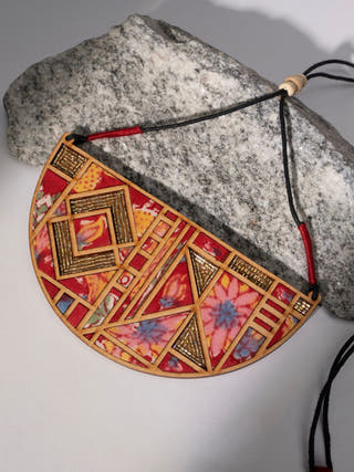Floral Half Moon Multicolor Repurposed Fabric and Wood Necklace