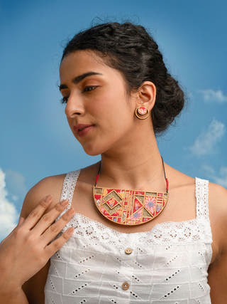 Floral Half Moon Multicolor Repurposed Fabric and Wood Necklace
