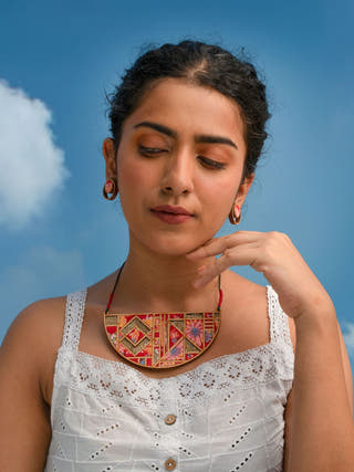 Floral Half Moon Multicolor Repurposed Fabric and Wood Necklace