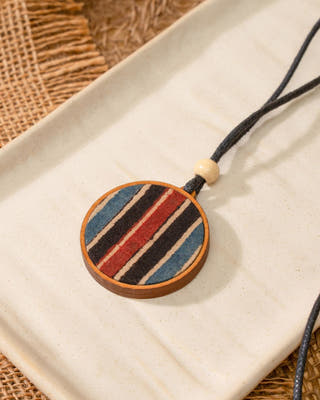 Unisex Blue Round Repurposed Fabric and Wood Pendant