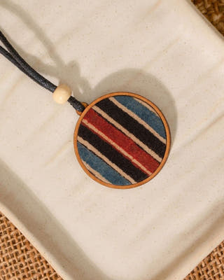 Unisex Blue Round Repurposed Fabric and Wood Pendant