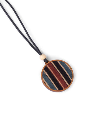 Unisex Blue Round Repurposed Fabric and Wood Pendant