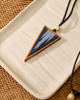 Unisex Blue Repurposed Fabric and Wood Triangular Pendant