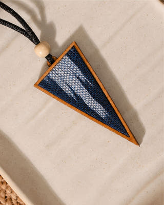 Unisex Blue Repurposed Fabric and Wood Triangular Pendant