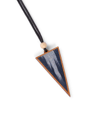 Unisex Blue Repurposed Fabric and Wood Triangular Pendant
