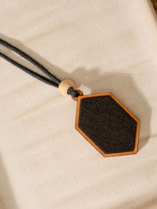 Unisex Black Repurposed Fabric and Wood Pendant
