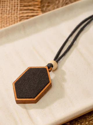 Unisex Black Repurposed Fabric and Wood Pendant