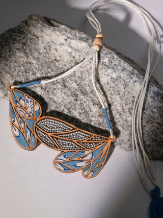 Blue Bloom Leaf Motif Repurposed Fabric and Wood Necklace