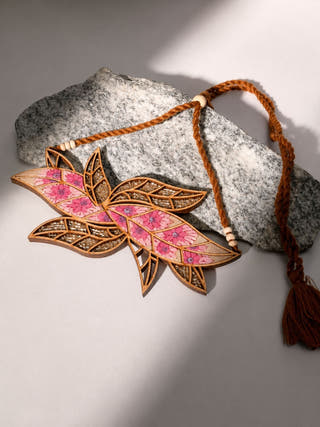 Pink Bloom Leaf Motif Repurposed Fabric and Wood Necklace