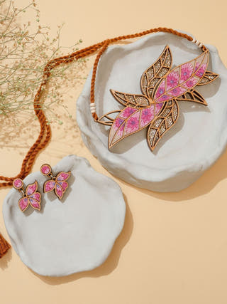 Pink Bloom Leaf Motif Repurposed Fabric and Wood Necklace