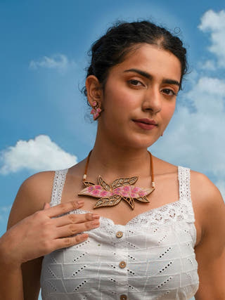 Pink Bloom Leaf Motif Repurposed Fabric and Wood Necklace