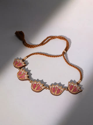 Pink Bloom Lotus Repurposed Fabric and Wood Necklace
