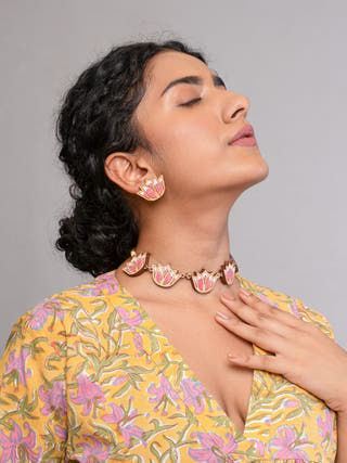 Pink Bloom Lotus Repurposed Fabric and Wood Necklace