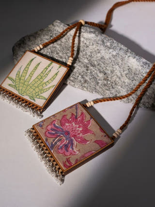 Two in One Floral Pink and Green Square Repurposed Fabric and Wood Pendant