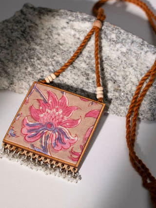 Two in One Floral Pink and Green Square Repurposed Fabric and Wood Pendant