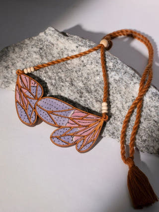Purple Bloom Leaf Motif Repurposed Fabric and Wood Necklace