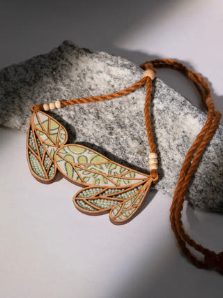Green Bloom Leaf Motif Repurposed Fabric and Wood Necklace