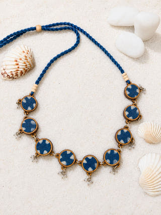 Indigo Blue Repurposed Fabric and Wood Choker
