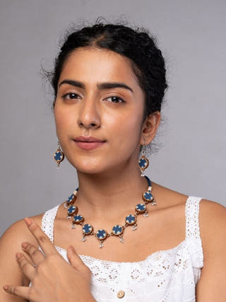 Indigo Blue Repurposed Fabric and Wood Choker