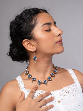 Indigo Blue Repurposed Fabric and Wood Choker