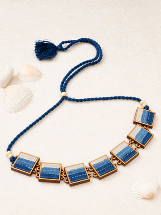 Shades of Indigo Blue Repurposed Fabric and Wood Square Choker