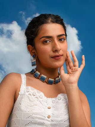 Shades of Indigo Blue Repurposed Fabric and Wood Square Choker