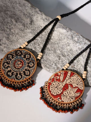 Two in One Black and Red Repurposed Fabric and Wood Round Pendant