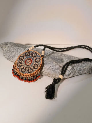 Two in One Black and Red Repurposed Fabric and Wood Round Pendant