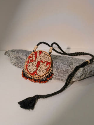 Two in One Black and Red Repurposed Fabric and Wood Round Pendant