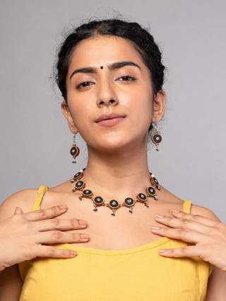 Black Repurposed Fabric and Wood Necklace