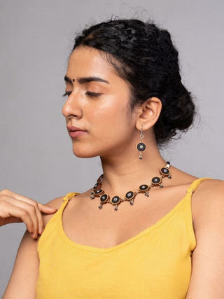 Black Repurposed Fabric and Wood Necklace