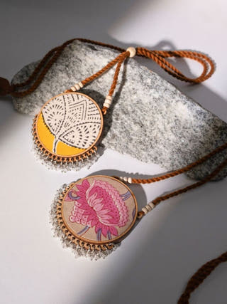 Two in One Pink Yellow Repurposed Fabric and Wood Round Pendant